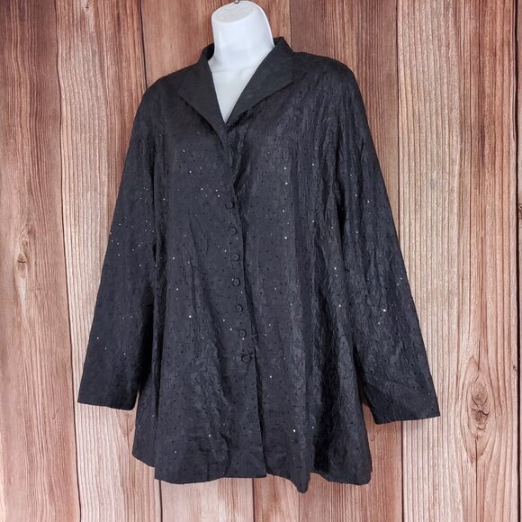 Eileen Fisher Womens Size Medium Sequin Jacket Snap Button 100% Silk Black - Picture 3 of 14